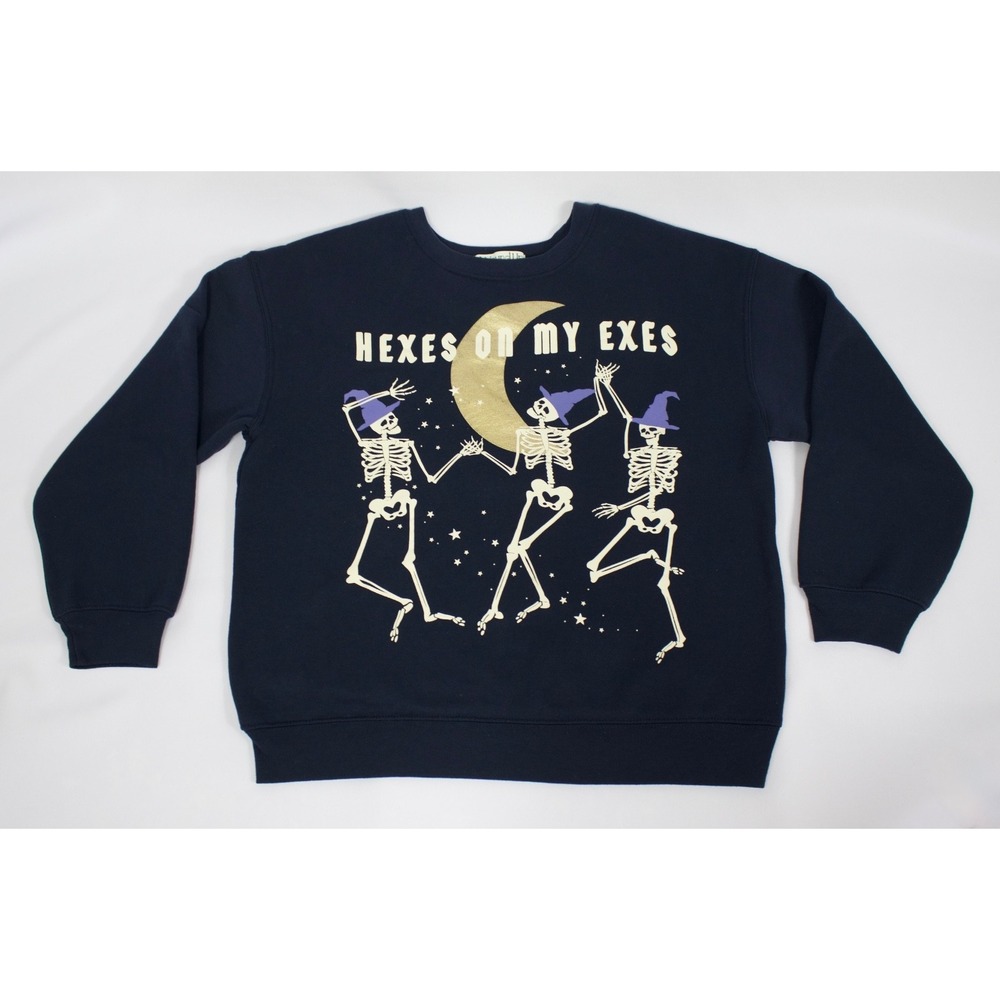 Wound Up Juniors "Hexes On My Exes" Halloween Skeleton Graphic Sweatshirt Size L